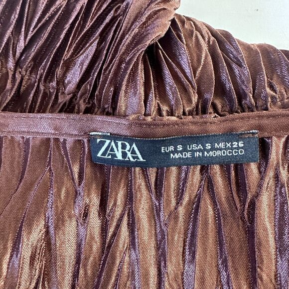Zara Bronze Brown Travel Crinkle Satin Peplum Tank Spaghetti Strap V-Neck S - Picture 8 of 13